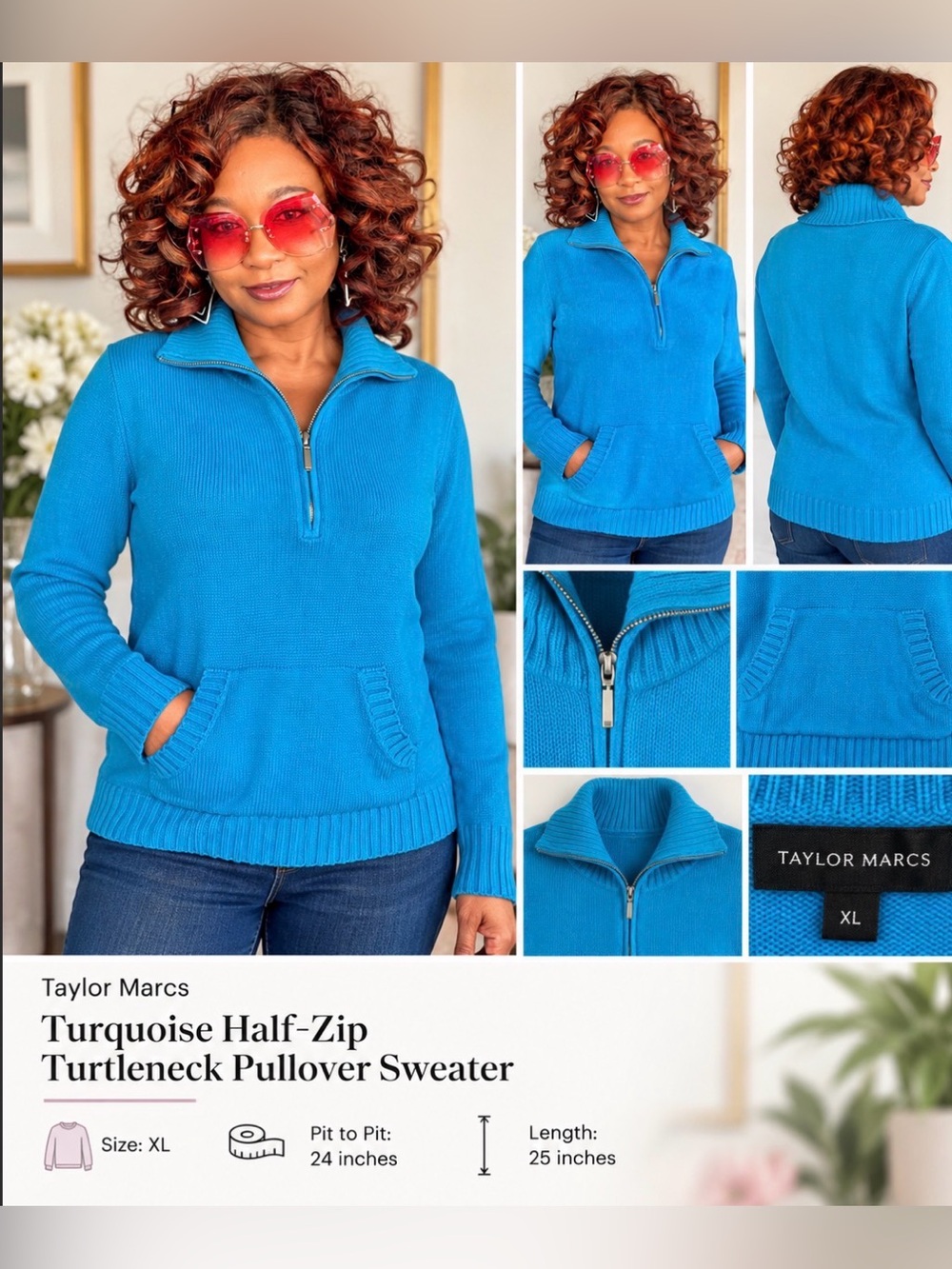 Turquoise Half-Zip Turtleneck Pullover Sweater